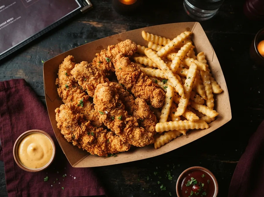 Tavă de crispy strips cu cartofi wedges, văzută de sus