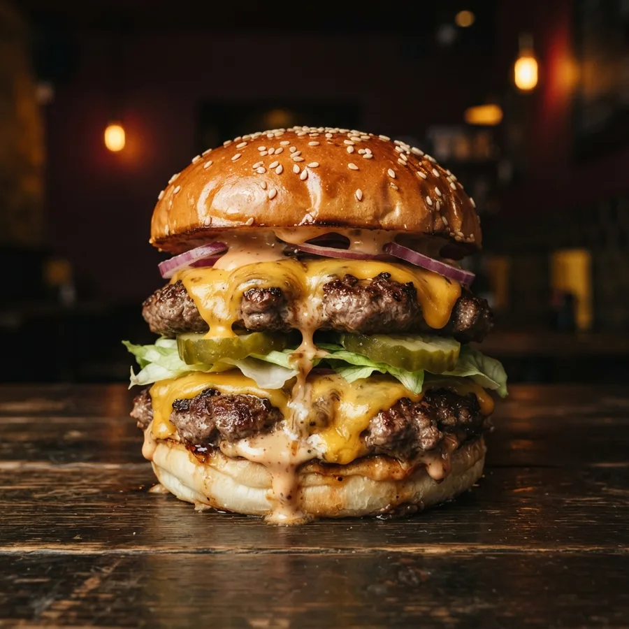 Burger dublu cu cheddar topit, ceapă roșie și castraveți murați
